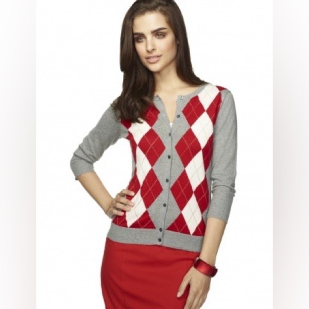 The Limited Gray and Red Argyle Cardigan Sweater